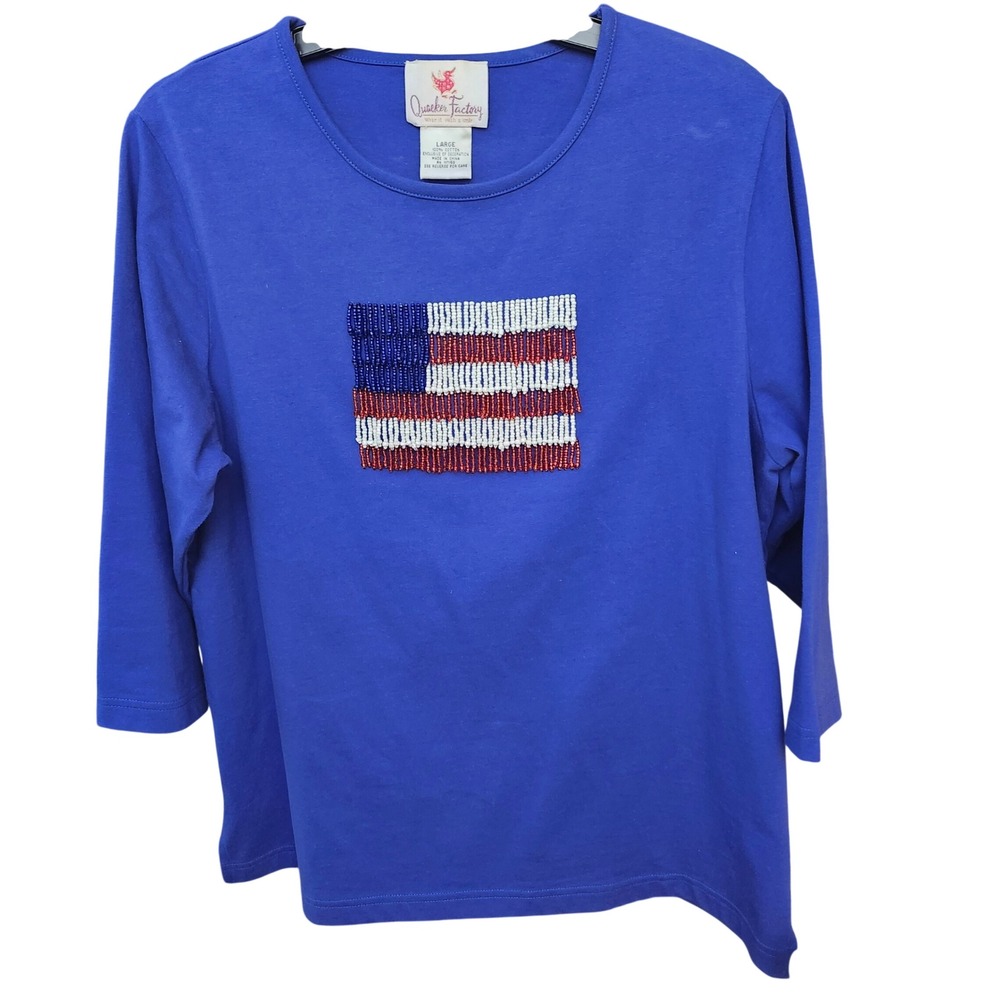 Quacker Factory Blue Beaded American Flag Top Womens Large 3/4 Sleeve Cotton